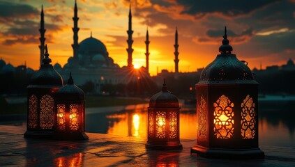 Poster - Illuminated lanterns at sunset with mosque backdrop.