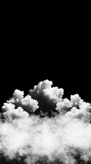 Wall Mural - Spray cloud subtle, White Fluffy Clouds on Black Background Creating a Dramatic Atmospheric Effect and Contrast