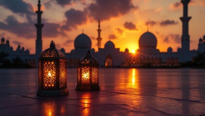Poster - Sunset silhouette of mosque with lanterns. (1)