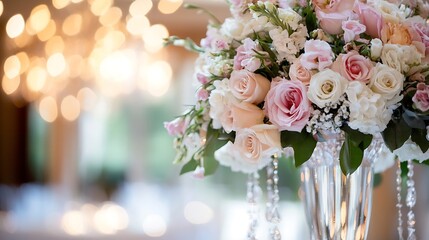 Aufkleber - Elegant floral arrangement of pink and white roses in a crystal vase creating a romantic atmosphere : Generative AI