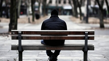 Poster - Contemplative person sitting alone on a bench in a park capturing solitude and introspection : Generative AI