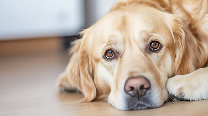 Poster - Golden retriever dog resting on the floor with a gentle expression looking directly into the camera : Generative AI