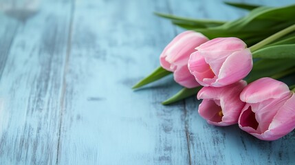 Poster - Charming pink tulips arranged on rustic wooden table evoking springtime freshness and beauty : Generative AI