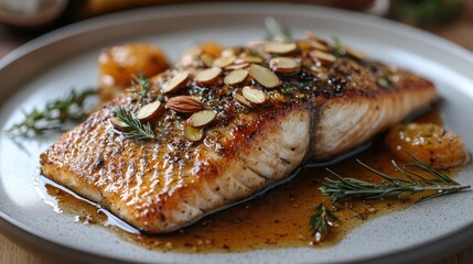 Wall Mural - A rustic presentation of pan-seared trout topped with almond slivers and brown butter sauce