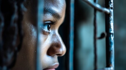 Aufkleber - Close Up Portrait of a Young Girl Gazing Through Metal Bars in Dramatic Lighting : Generative AI