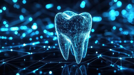 Poster - 3D Abstract Digital Tooth with Blue Glowing Network Connection