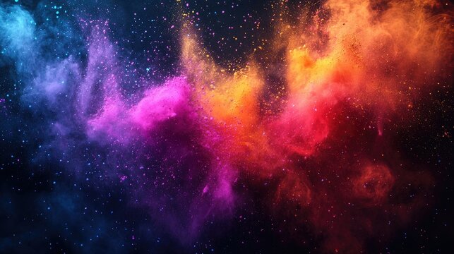 Abstract Holi festival design featuring energetic bursts of vibrant powder colors on a dark, dramatic backdrop.