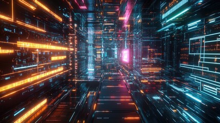 Poster - Futuristic Digital Space with Neon Lights and Abstract Patterns