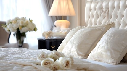 Poster - A beautifully arranged bed with plush pillows and roses set against a backdrop of soft curtains and warm light : Generative AI