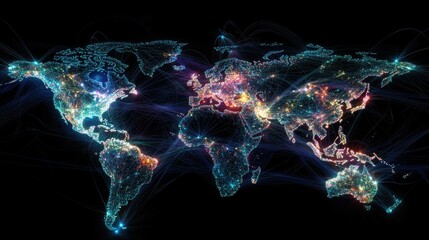 Poster - Colorful Digital World Map with Bright Network Connections