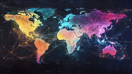 Poster - Colorful Abstract World Map with Network Connections and Bright Colors