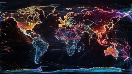 Poster - Abstract World Map with Neon Lines and Colorful Highlights