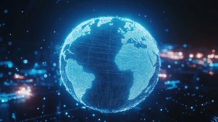 Poster - Digital Globe Representation with Bright Blue Neon Lights and Data