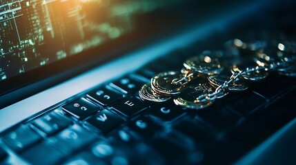 Poster - Stacks of shiny gold coins placed on a laptop keyboard symbolizing digital wealth : Generative AI
