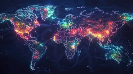 Poster - Colorful Neon World Map with Geometric Patterns and Lines
