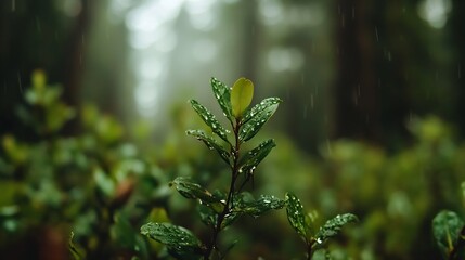 Aufkleber - Close up of fresh green leaves glistening with raindrops in a lush forest environment : Generative AI