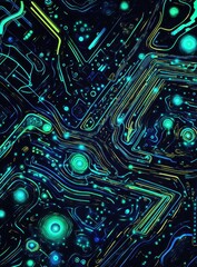 Fototapete - Abstract digital art depicting glowing circuit lines and nodes.