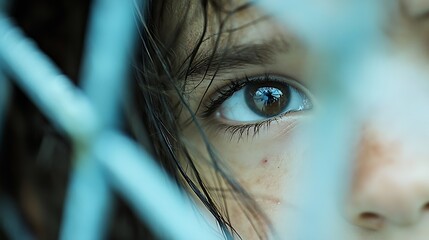 Aufkleber - Close up portrait of a young child gazing through a fence highlighting innocence and curiosity : Generative AI