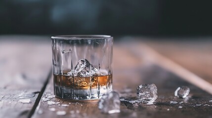 Aufkleber - A glass of whiskey filled with ice cubes standing on a rustic wooden table capturing a cozy vibe : Generative AI