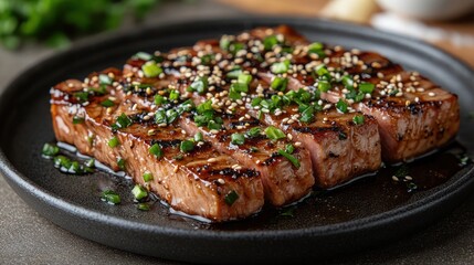 Wall Mural - Pan-seared tuna steak served with a soy-ginger glaze and a garnish of sesame seeds and scallions