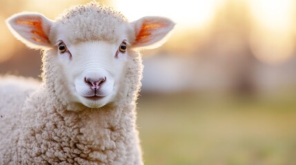 Poster - A closeup of an adorable sheep smiling in a green meadow during golden hour : Generative AI