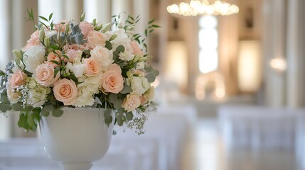 Poster - Elegant floral arrangement adorned with fresh roses in a beautiful venue for weddings and celebrations : Generative AI
