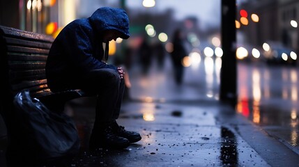 Aufkleber - Rainy Night with Person in Hood Awaiting on Wet Urban Street : Generative AI