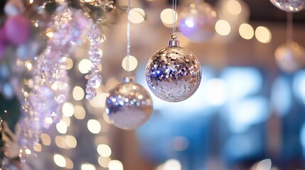 Poster - Closeup of sparkling silver Christmas ornaments hanging beautifully among soft glowing lights : Generative AI