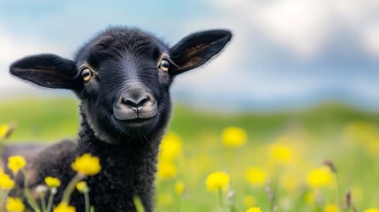 Poster - Charming black lamb in a vibrant yellow flower field under a blue sky during a sunny day : Generative AI