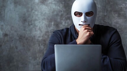 Poster - Man in a white mask sitting at a laptop in a dimly lit room creating a mysterious vibe : Generative AI