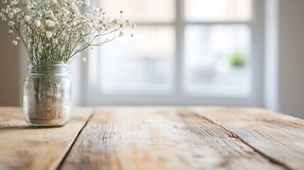 Aufkleber - Beautiful Glass Jar with White Flowers Sitting on Rustic Wooden Table Near Bright Window : Generative AI