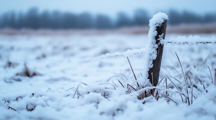 Aufkleber - Snowcovered fence post surrounded by frosty field in winter landscape : Generative AI