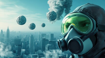 Poster - A visual representation of PM2.5 particles in the air, with protective masks and clean air zones.