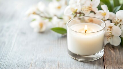 Aufkleber - Relaxing ambiance with white scented candle surrounded by blooming flowers on rustic wooden table : Generative AI