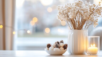 Aufkleber - Charming rustic decor featuring cotton flowers and pinecones in a serene indoor setting for a cozy atmosphere : Generative AI
