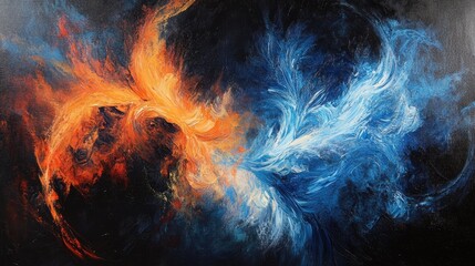Poster - Abstract art of flickering blue and orange flames merging in a dark void, symbolizing energy and power.