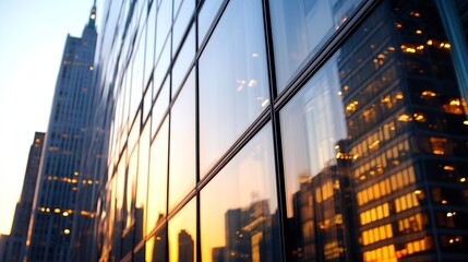 Poster - Cityscape reflection in glass buildings during sunset showcasing urban architecture : Generative AI