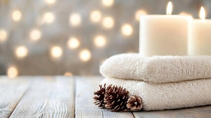 Aufkleber - Soothing candles placed on soft towels with pine cones creating a relaxing spalike ambiance : Generative AI