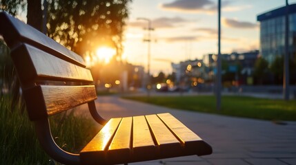 Aufkleber - Wooden park bench inviting visitors to enjoy a beautiful sunset over the cityscape : Generative AI