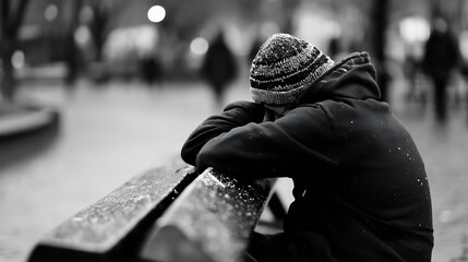 Poster - Sad figure resting with head down on a bench in a blurred park setting emphasizing deep emotions : Generative AI