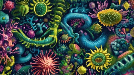Poster - Various strains of pathogenic bacteria and viruses digitally illustrated in stunning detail.