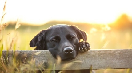 Poster - Adorable black dog resting comfortably on a wooden fence bathed in warm golden sunlight : Generative AI