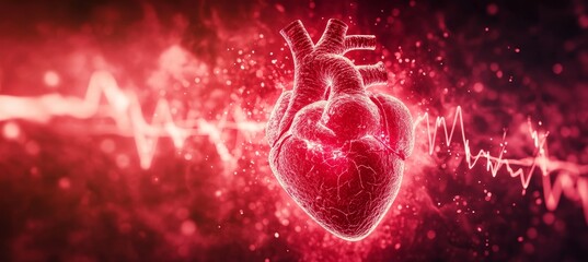 Poster - Red Stylized Human Heart with Pulsating Line Graph, Minimalist Design on Dark Background