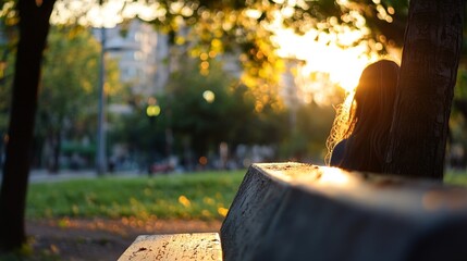 Wall Mural - Enchanting sunset scene featuring a lone figure sitting on a bench in a city park : Generative AI