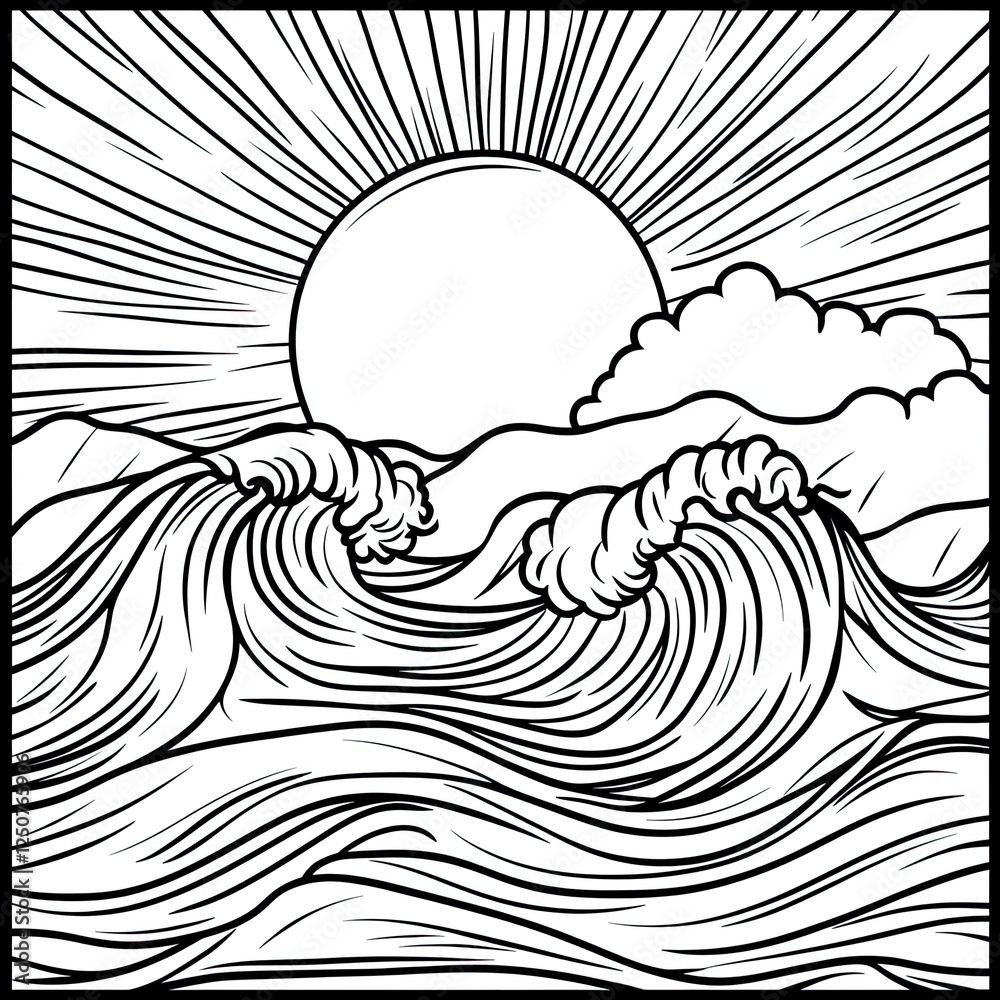 Simple Coloring Book Page Sun Waves and Ocean Fun for Kids Stock ...