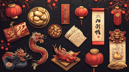 Wall Mural - Chinese New Year badge of asian lunar calendar holiday celebration. Oriental lantern, dragon and pagoda, zodiac dog, god of wealth and lucky coin, fan, festive food and scroll for greeting card design