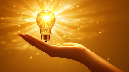 Wall Mural - Close-up of a hand holding a glowing light bulb, symbolizing innovation, creativity, and bright ideas in a modern and futuristic concept