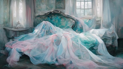 Wall Mural - Spray water fine Ethereal Bedroom with Flowing Fabrics and Dreamy Light in Soft Pastel Tones