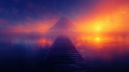 Wall Mural - spray water fine serene misty sunrise over ancient pyramid structure by the water's edge in vibrant 
