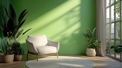 Poster - Sunlit room with armchair, plants, and green wall.